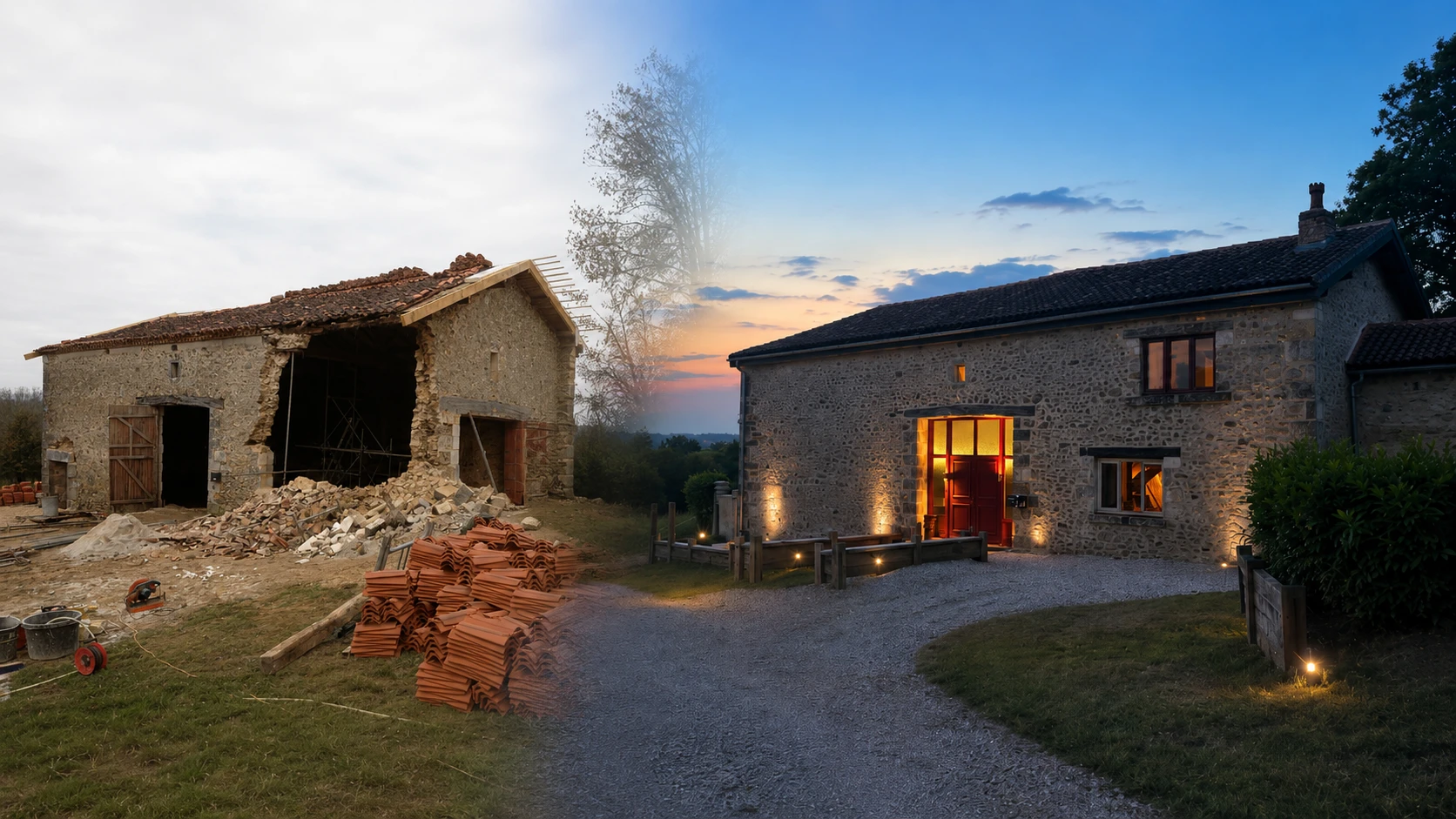 A French stone barn mid-renovation at dusk, opposite a lit, restored stone longère
